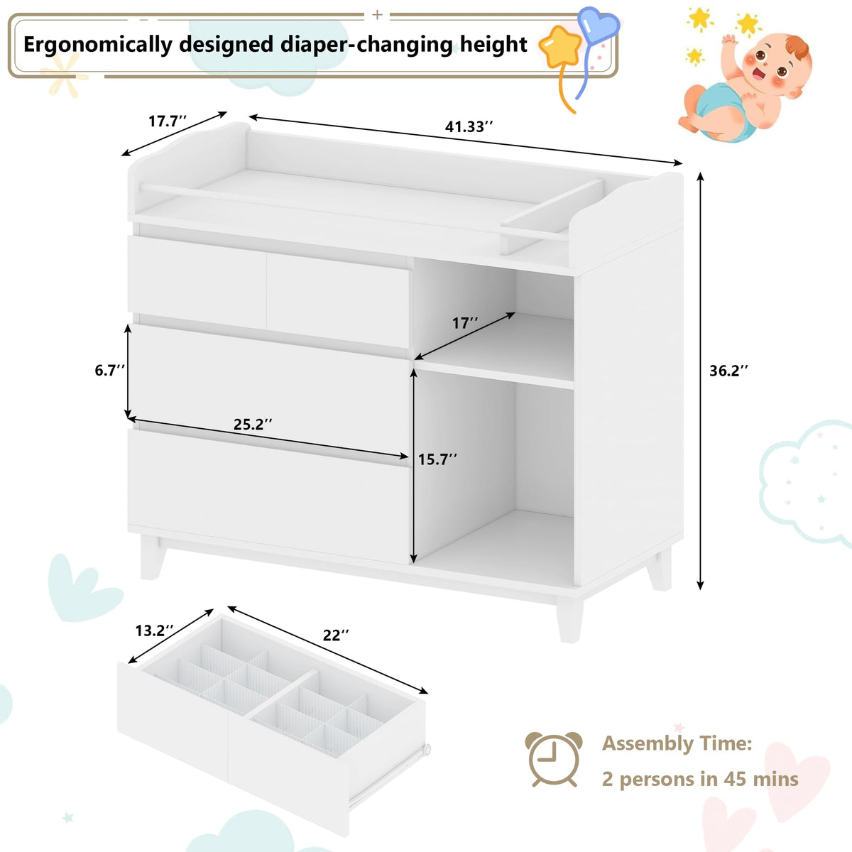White Baby Changing Table with 4 Drawers U727287