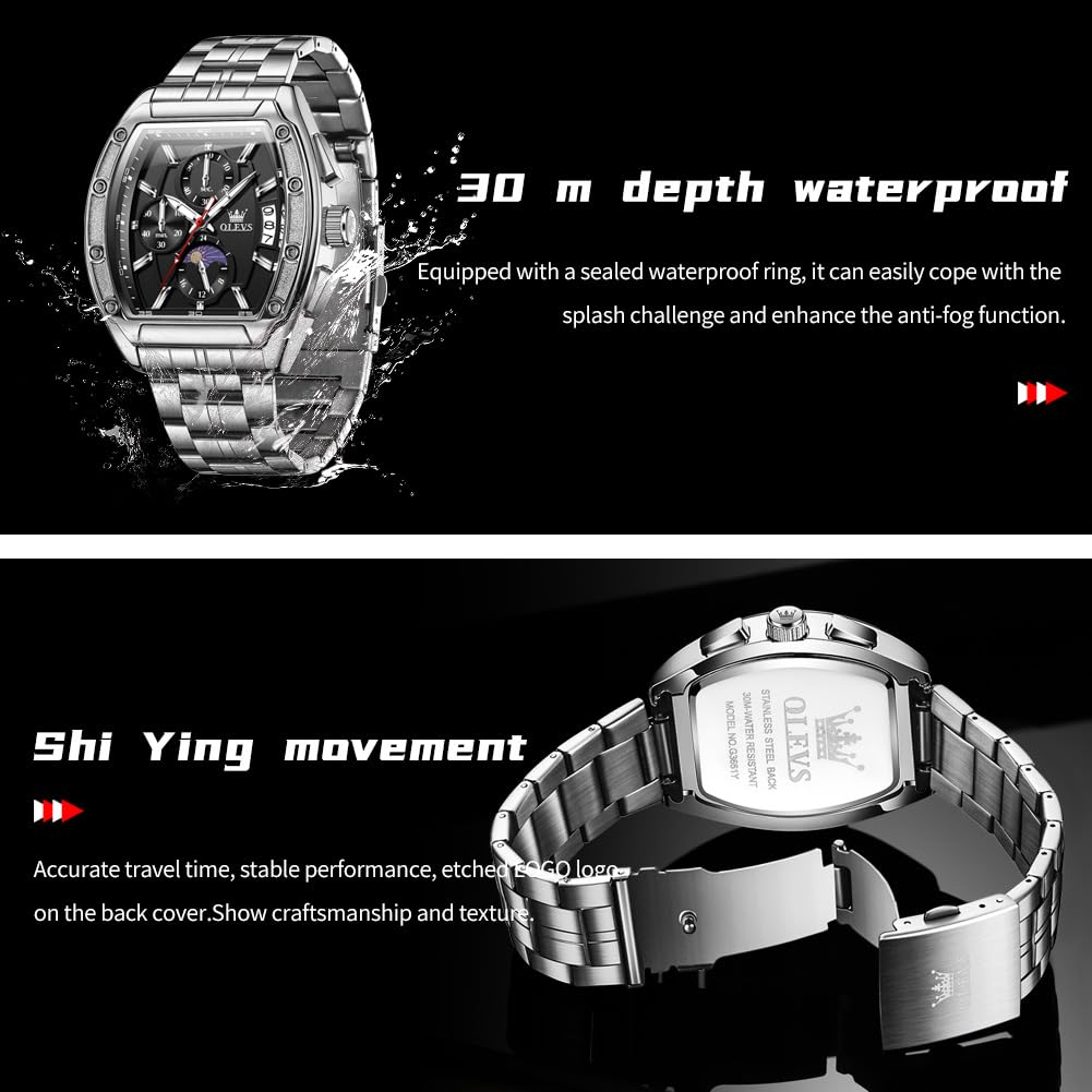 Men Big Square Face Chronograph Stainless Steel Dress Watch P108221