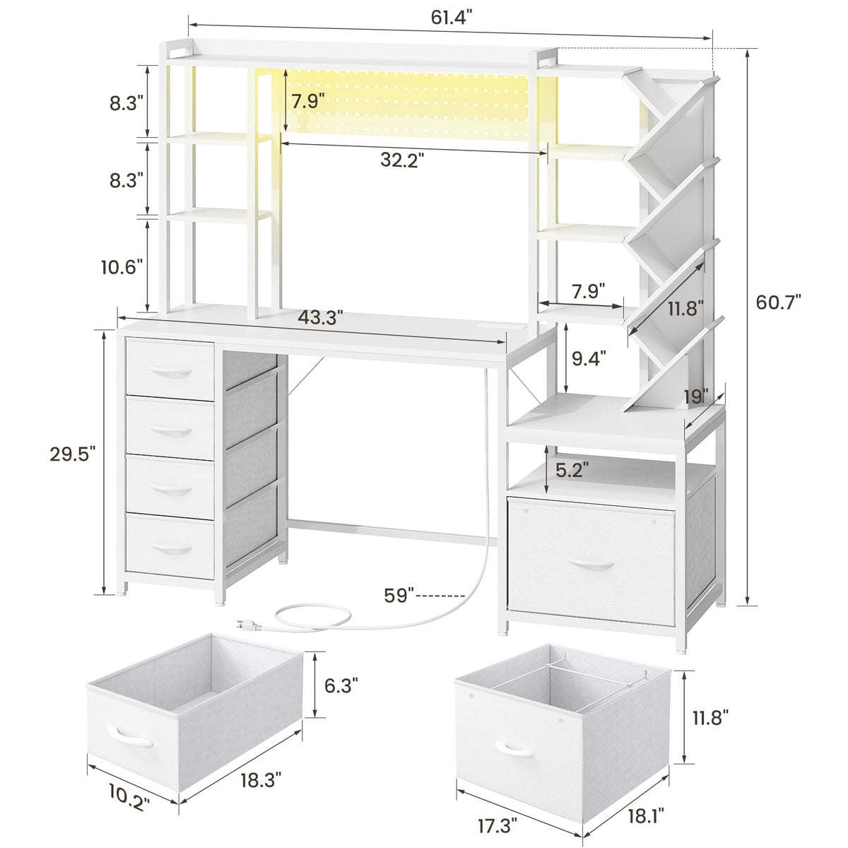 61.4" Computer Desk with Bookshelf, 5 Drawers, Hutch, Outlet, LED Z3835