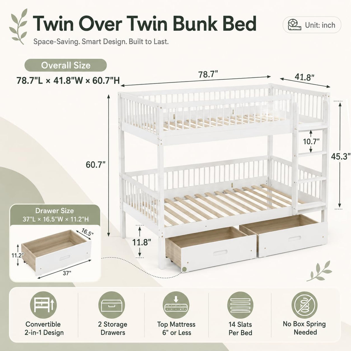 Twin Over Twin Bunk Bed with 2 Drawers O1955