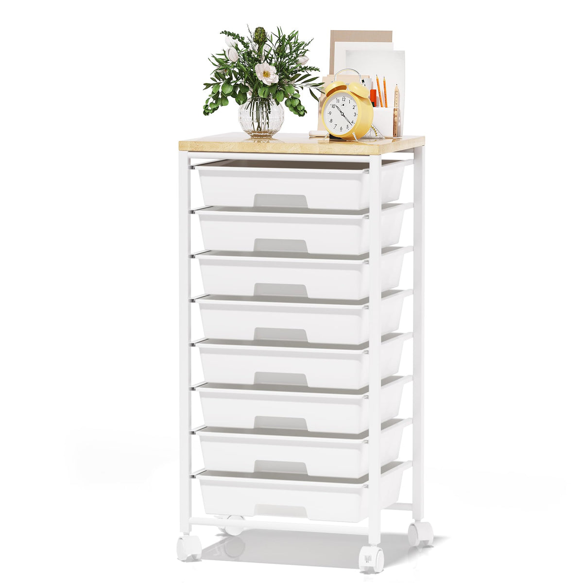 8 Drawer Rolling Storage Cart with Wooden Tabletop W36667