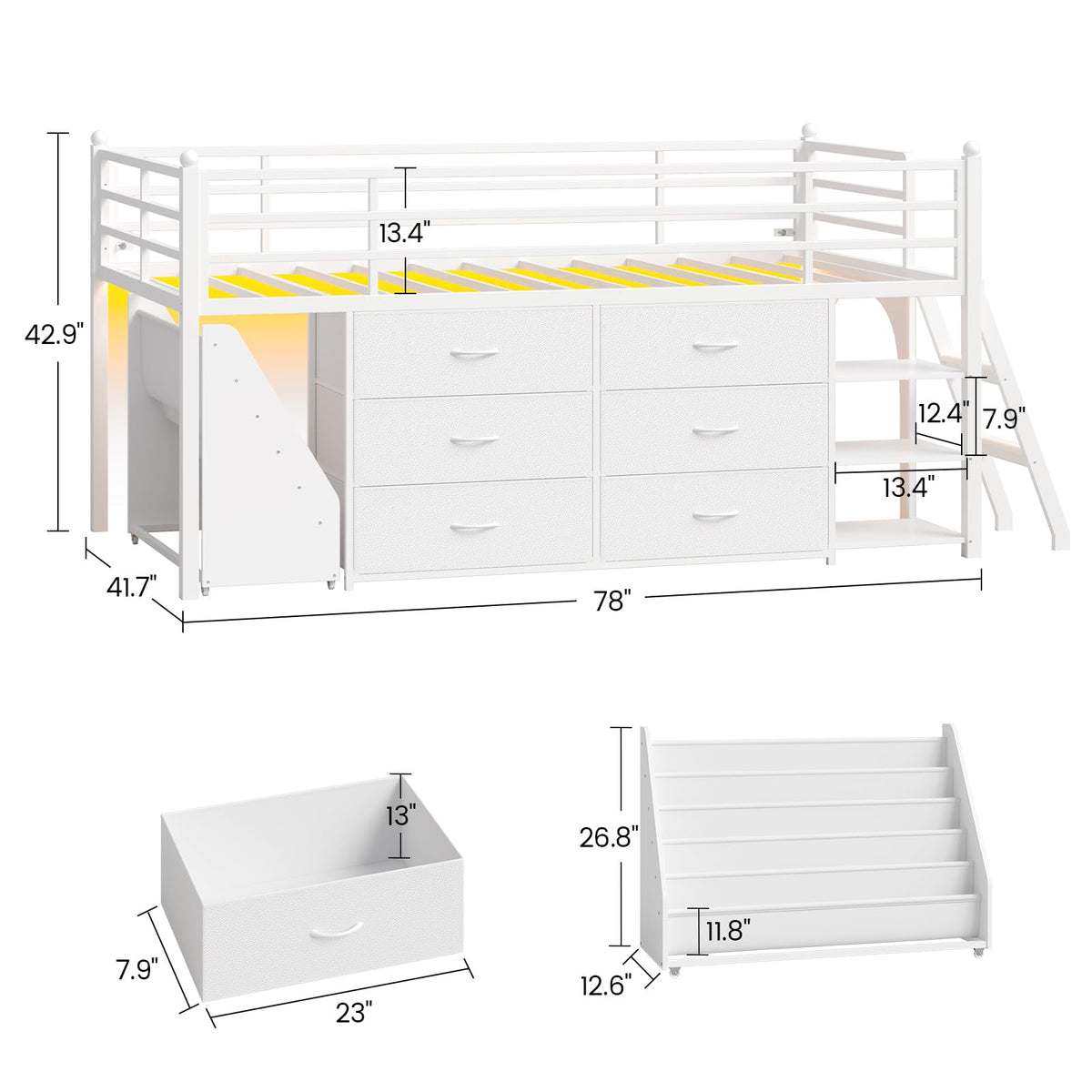 White Twin Loft Bed with Bookshelf, Display Shelf, Storage Drawers and Ladder Y1404
