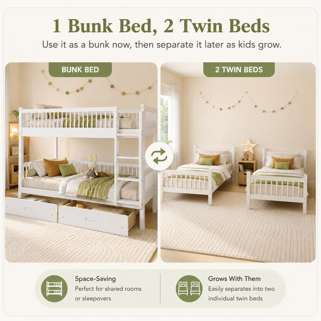 Twin Over Twin Bunk Bed with 2 Drawers O1955