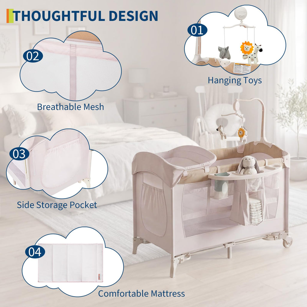 4 in 1 Pack and Play with Bassinet, Changing Table, Playpen and Carry Bag V680088