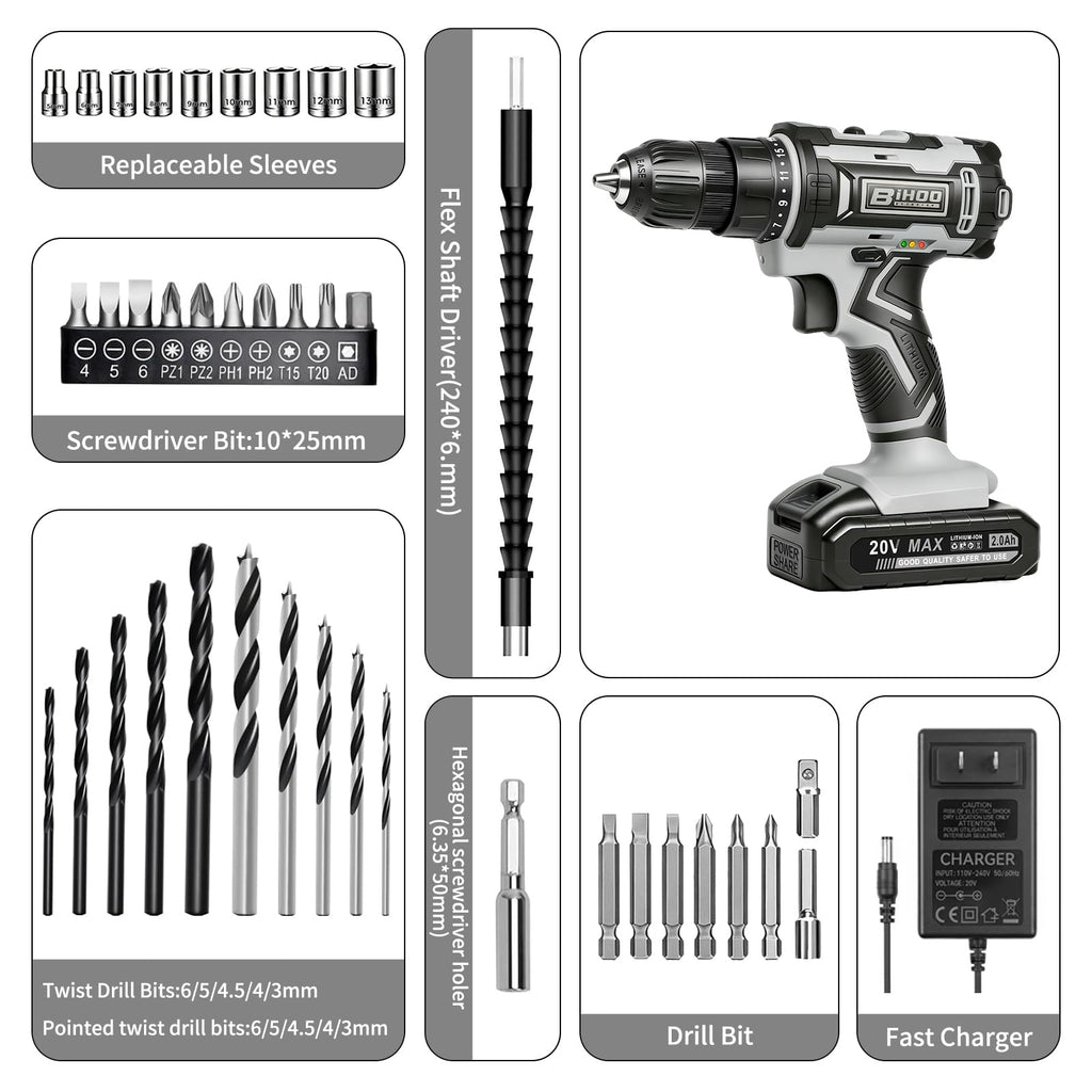 Cordless Drill with 25Nm max, Drill Bits Kit, Gray R734859