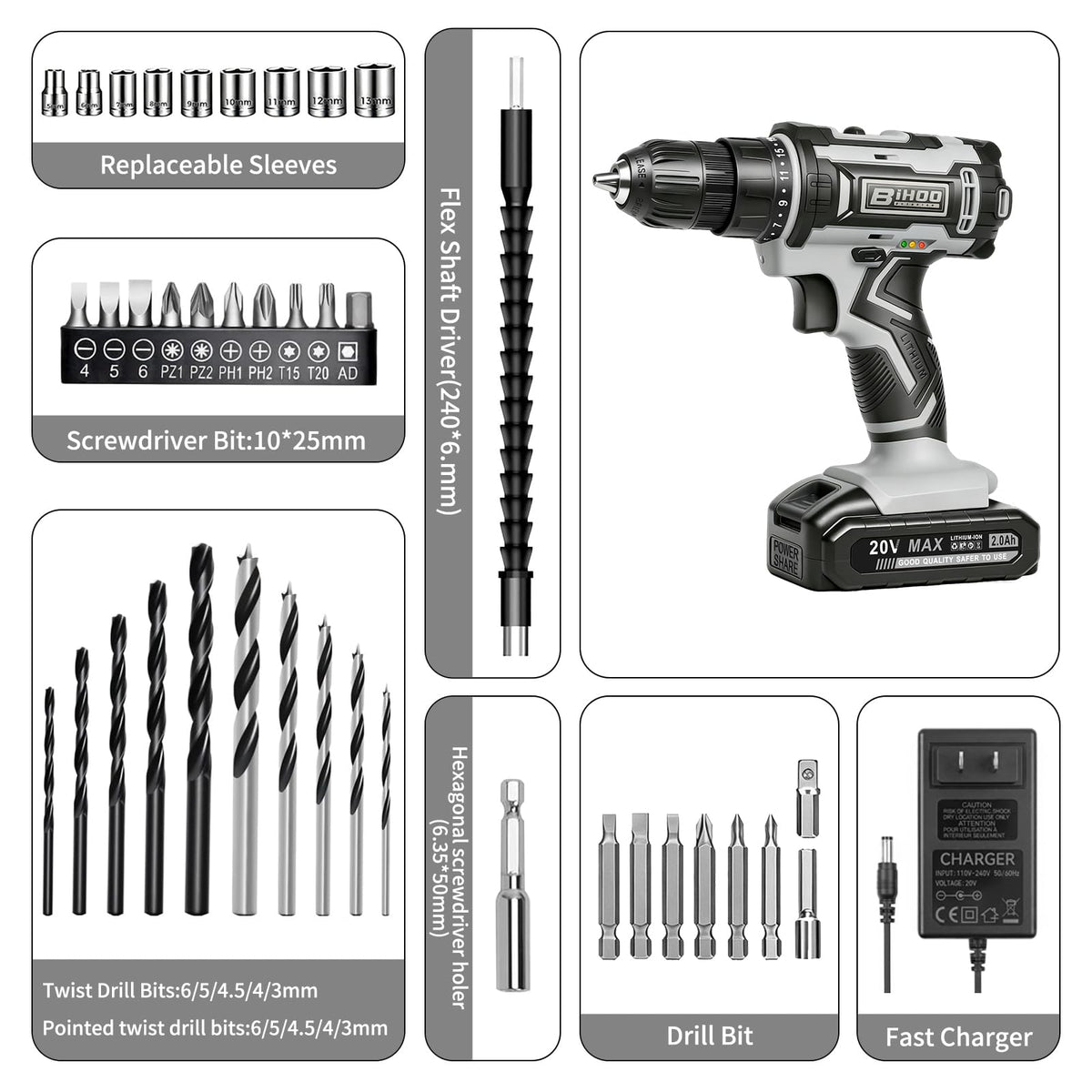 Cordless Drill with 25Nm max, Drill Bits Kit, Gray R734859