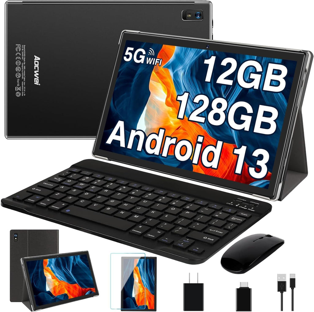Black 12GB RAM 128GB ROM 10 Inch Android Tablet with Keyboard V502