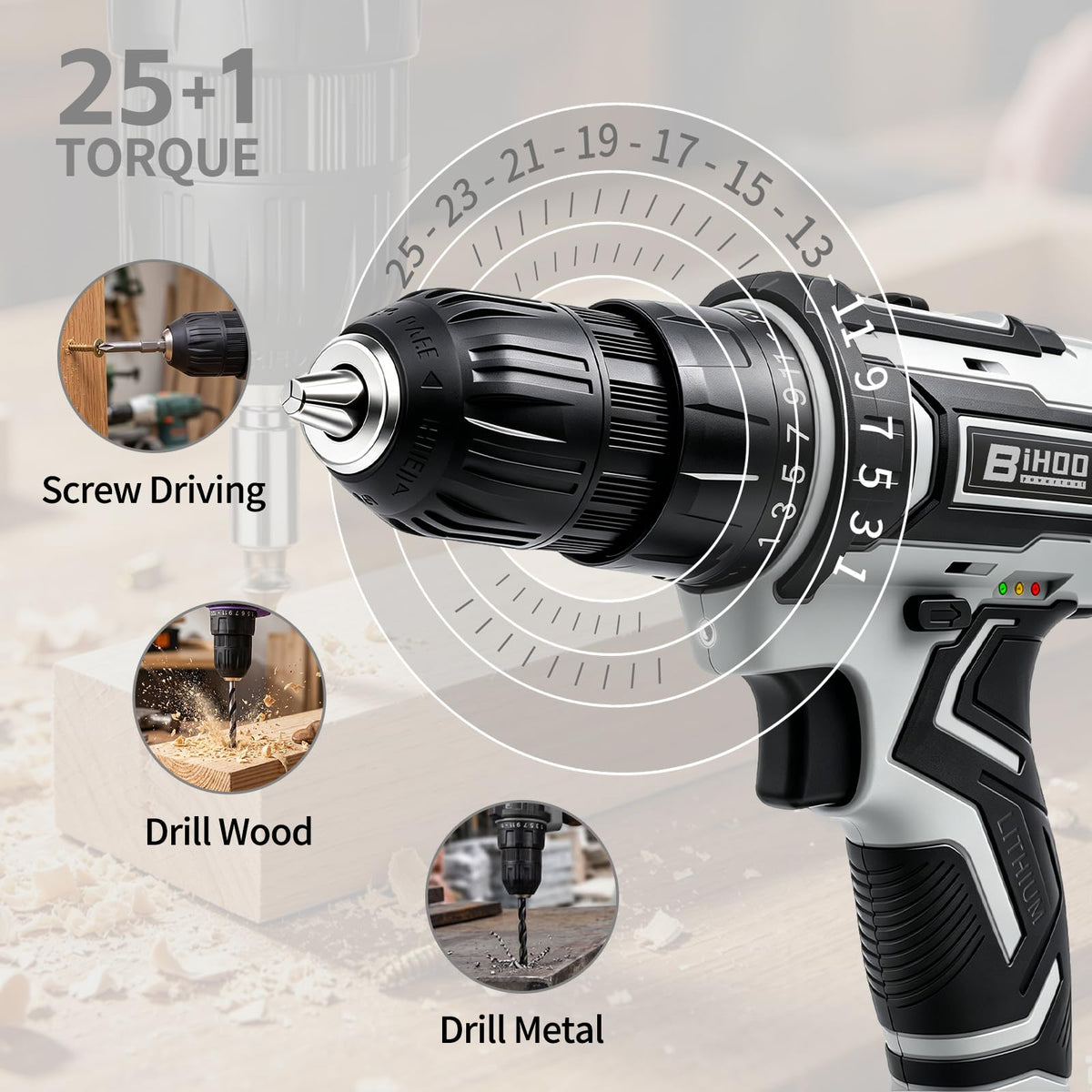Cordless Drill with 25Nm max, Drill Bits Kit, Gray R734859