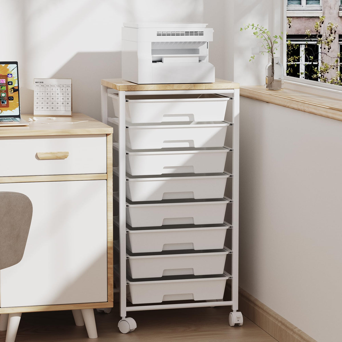 8 Drawer Rolling Storage Cart with Wooden Tabletop W36667