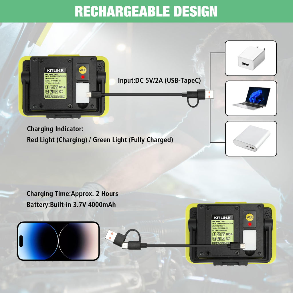 LED Work Light, Rechargeable, 700 LM Magnetic Portable Flood Light with Adjustable Stand, IP54 Waterproof, 3 Lighting Modes with Emergency SOS, 1Pack R63689
