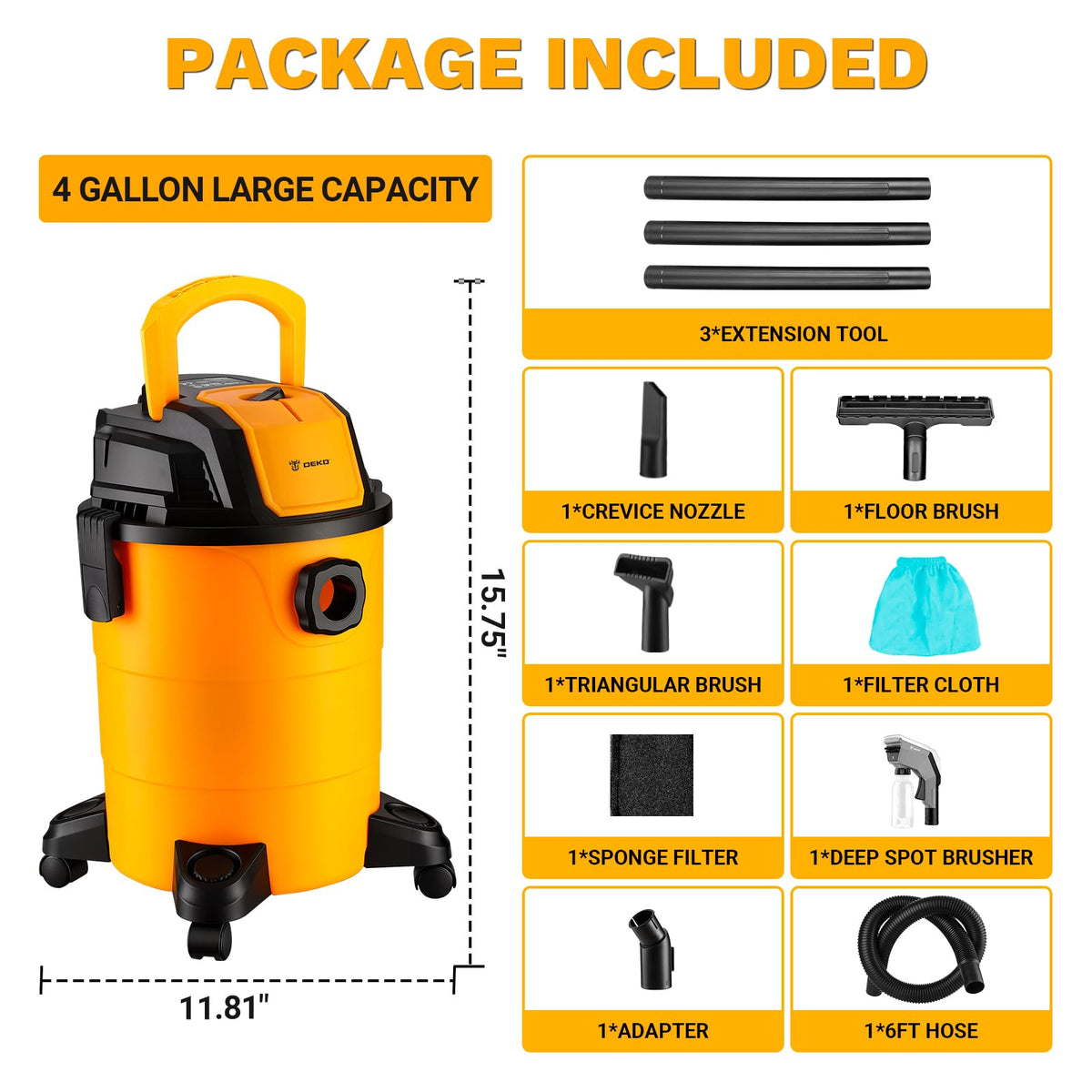 4-Gallon 3 Peak HP Wet Dry Shop Vacuum with Hose U1008