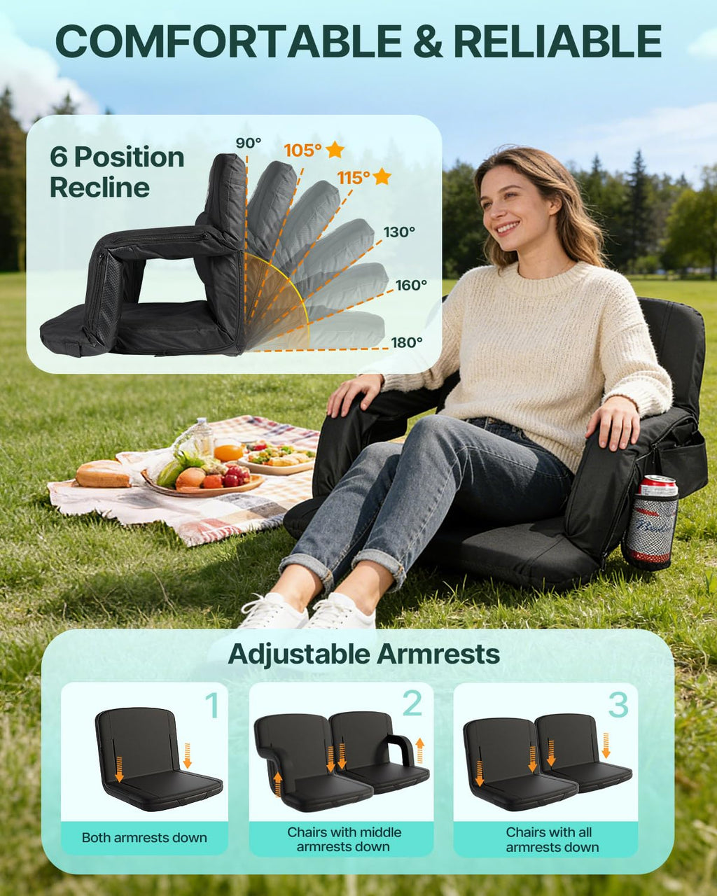 25" Heated Stadium Seats for Bleachers with Back Support, Black 2PC U2621