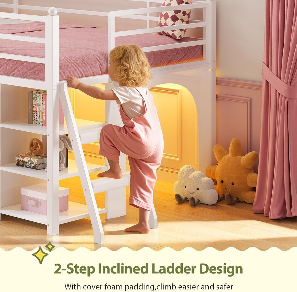 White Twin Loft Bed with Bookshelf, Display Shelf, Storage Drawers and Ladder Y1404