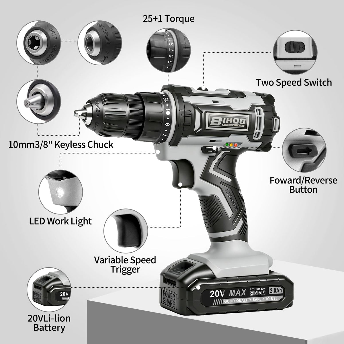Cordless Drill with 25Nm max, Drill Bits Kit, Gray R734859