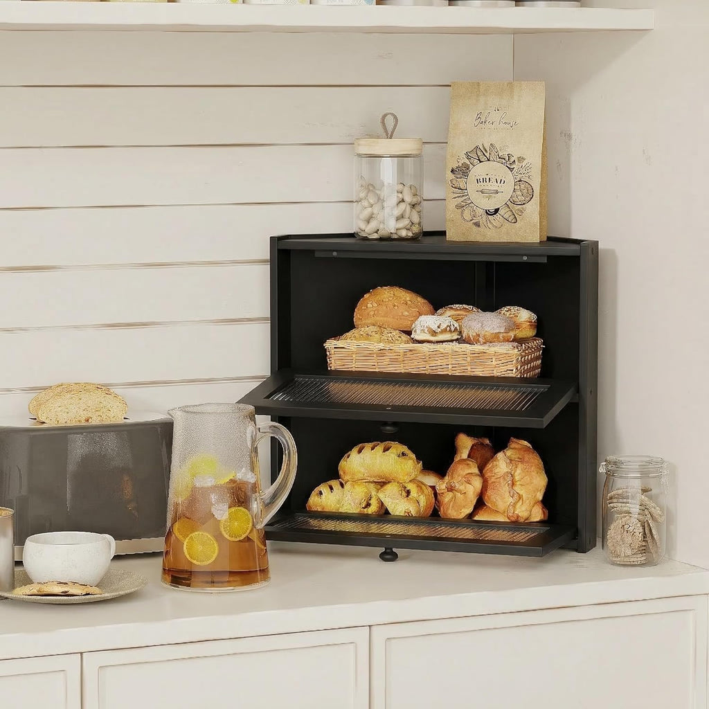 Double Layer Bamboo Bread Box with Wavy Windows Z19013