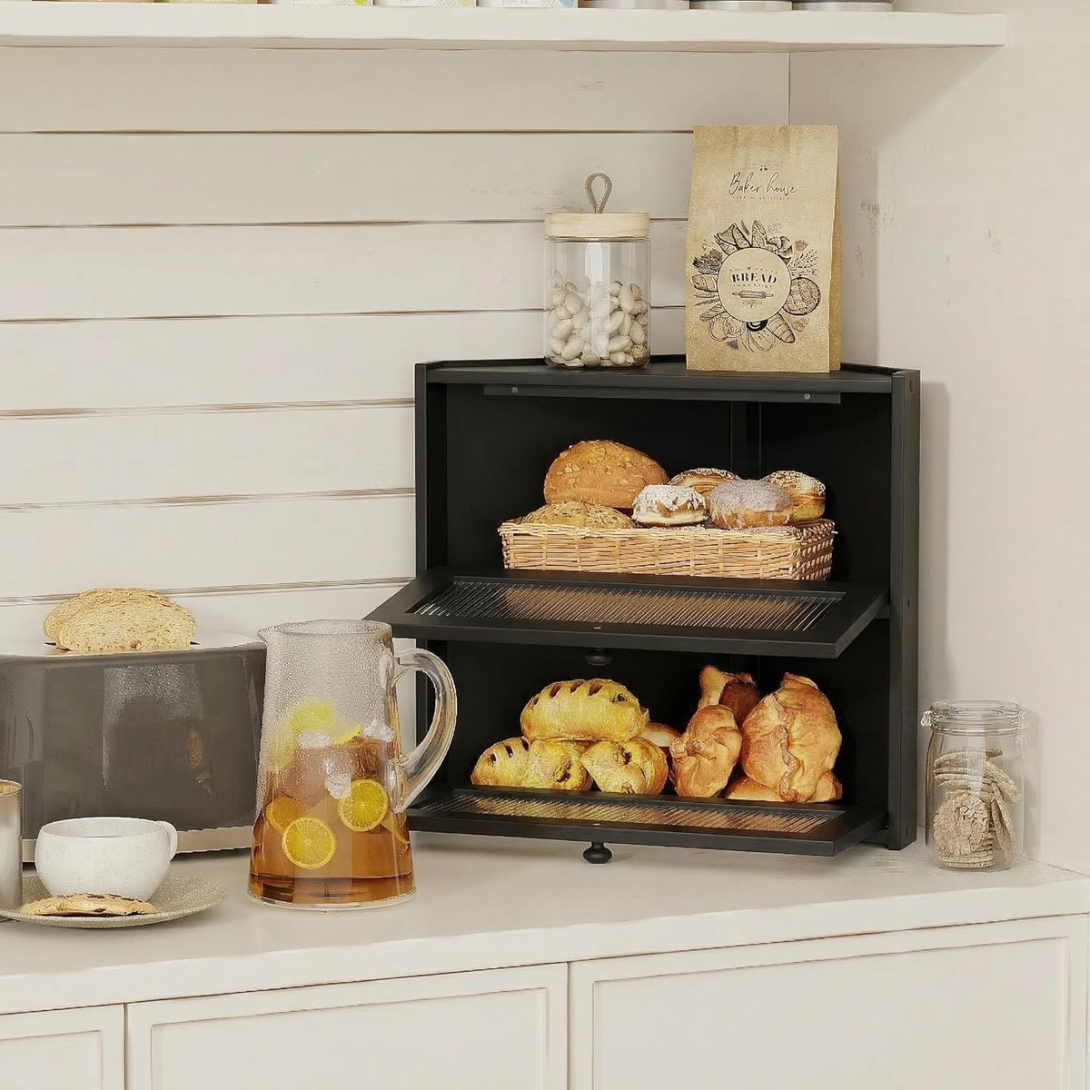 Double Layer Bamboo Bread Box with Wavy Windows Z19013
