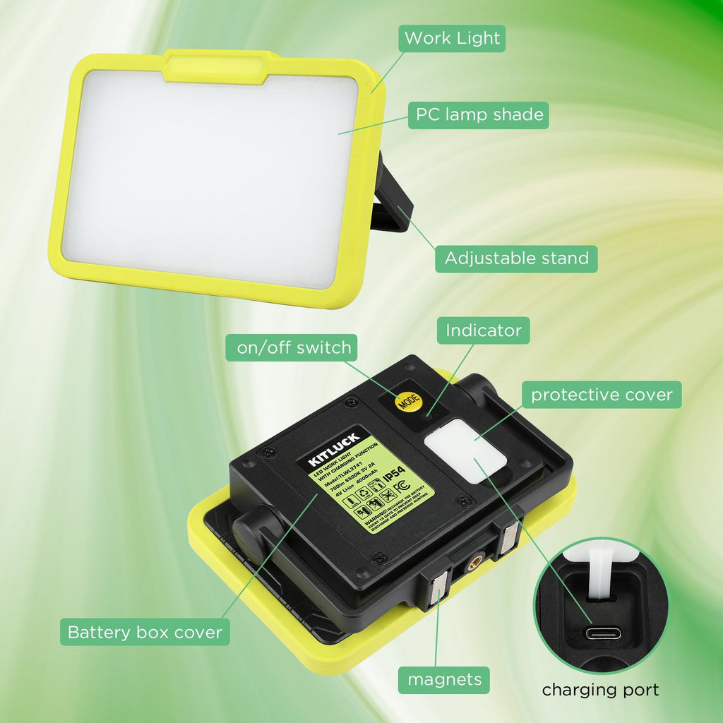 LED Work Light, Rechargeable, 700 LM Magnetic Portable Flood Light with Adjustable Stand, IP54 Waterproof, 3 Lighting Modes with Emergency SOS, 1Pack R63689