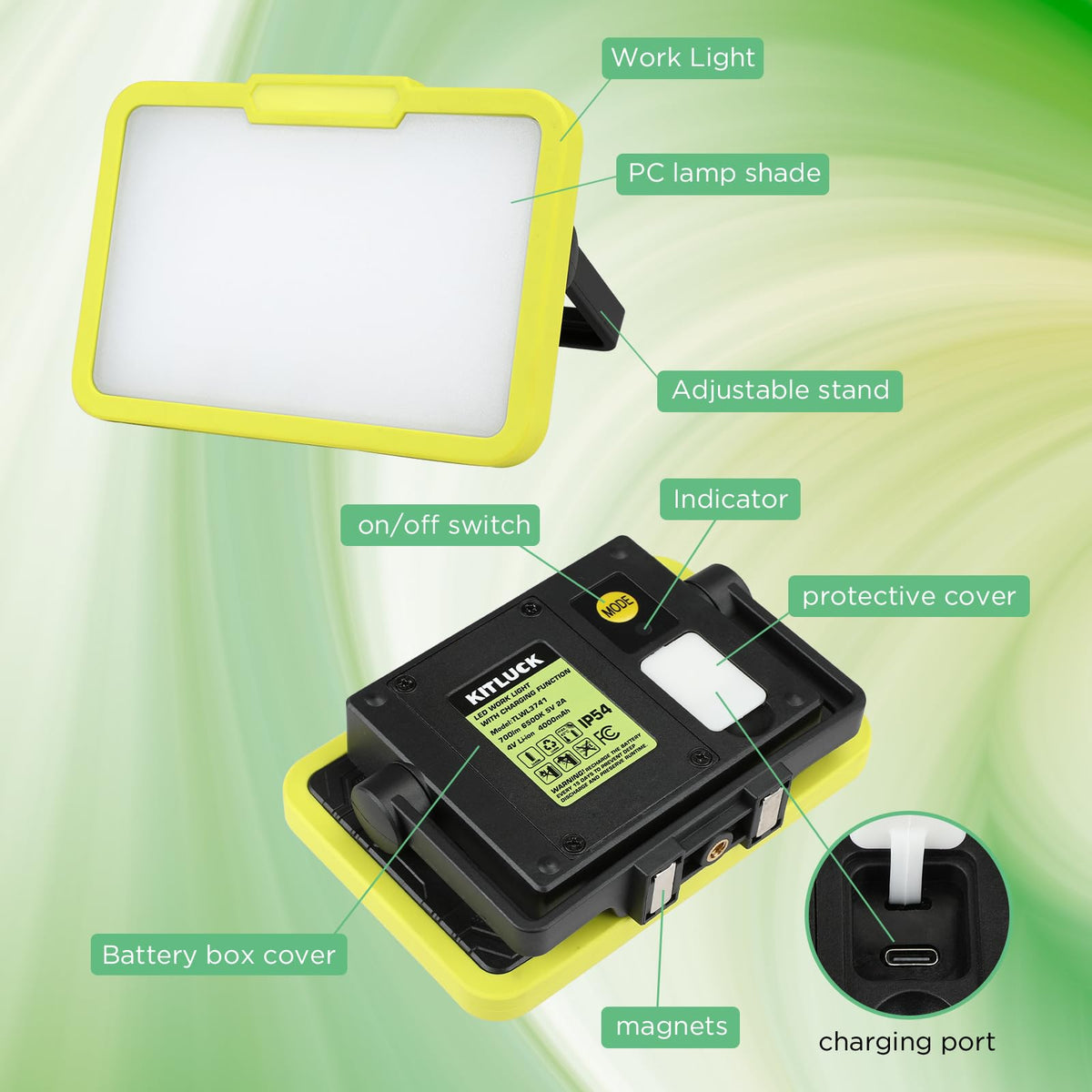 LED Work Light, Rechargeable, 700 LM Magnetic Portable Flood Light with Adjustable Stand, IP54 Waterproof, 3 Lighting Modes with Emergency SOS, 1Pack R63689