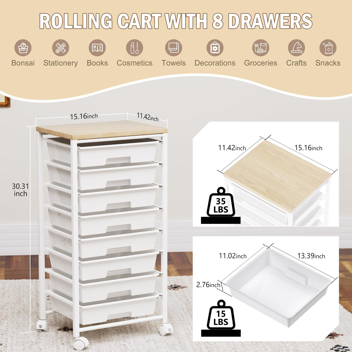 8 Drawer Rolling Storage Cart with Wooden Tabletop W36667