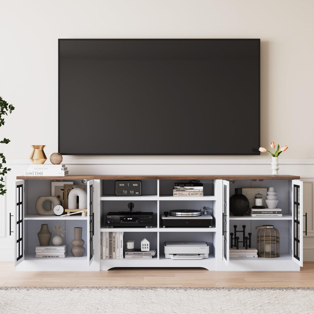 White Black TV Stand with 2 Cabinets and 3-Tier Shelves P36889