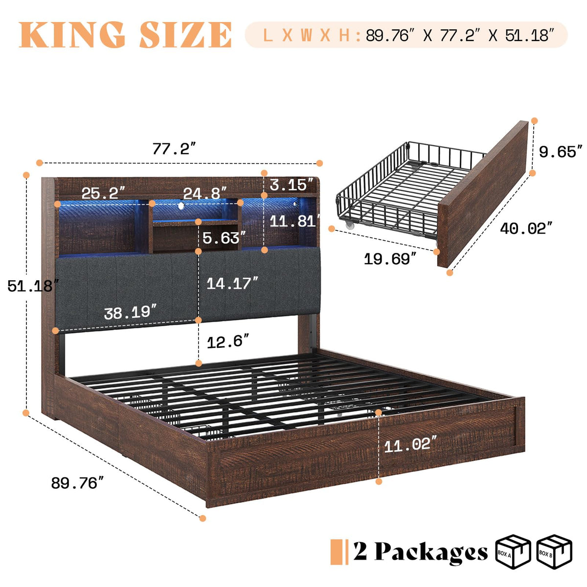 King Brown Storage Bed with Bookcase Headboard & Drawer M1220