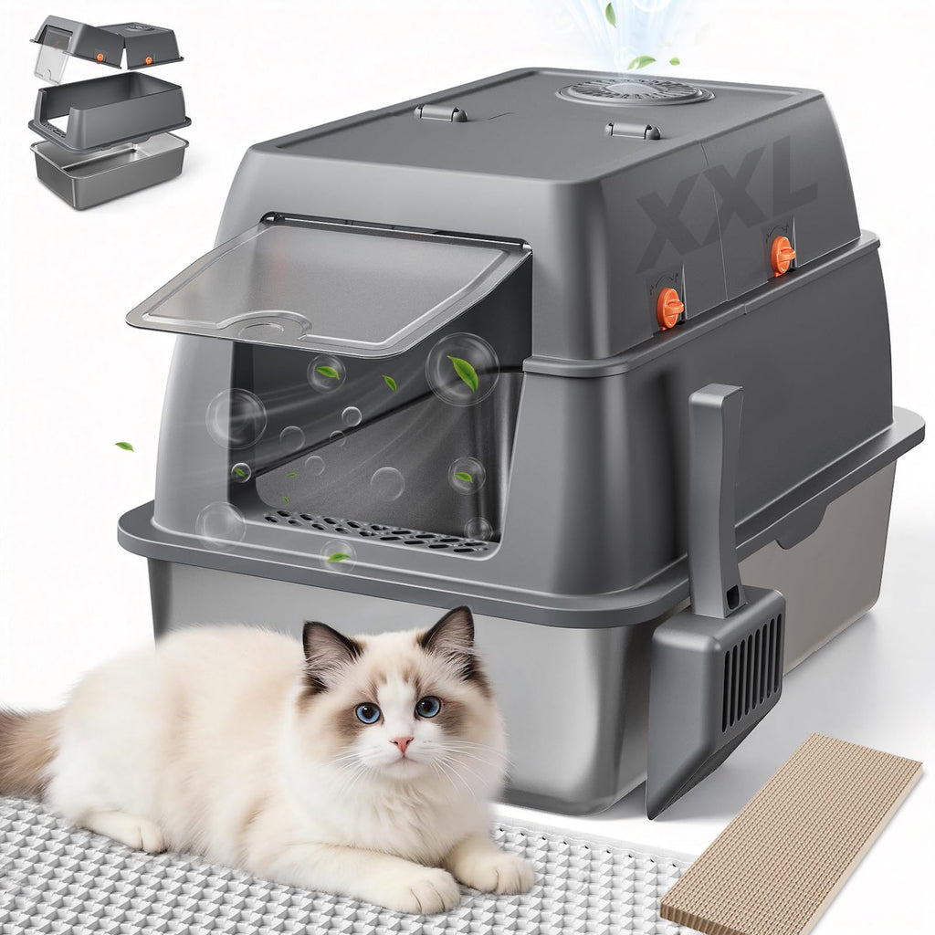 XXL Stainless Steel Enclosed Cat Litter Box with Lid, Mat & Scoop Z628
