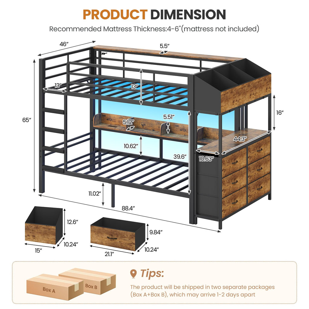 Twin Over Twin Metal Bunk Bed with 6 Storage Drawers, Led Lights and Charging Station, Black G413