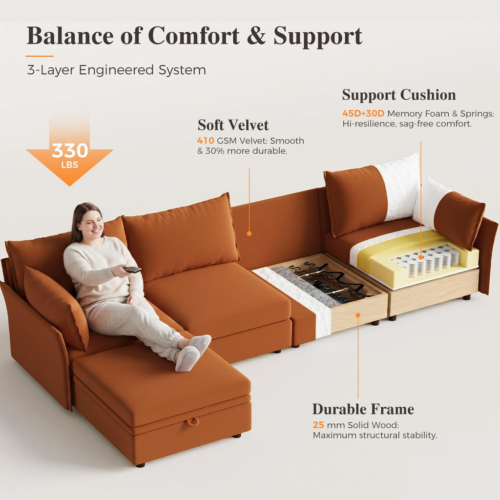 102.6" L Shaped 4 Seater Velvet Sectional Sofa with Storage Ottoman R6658