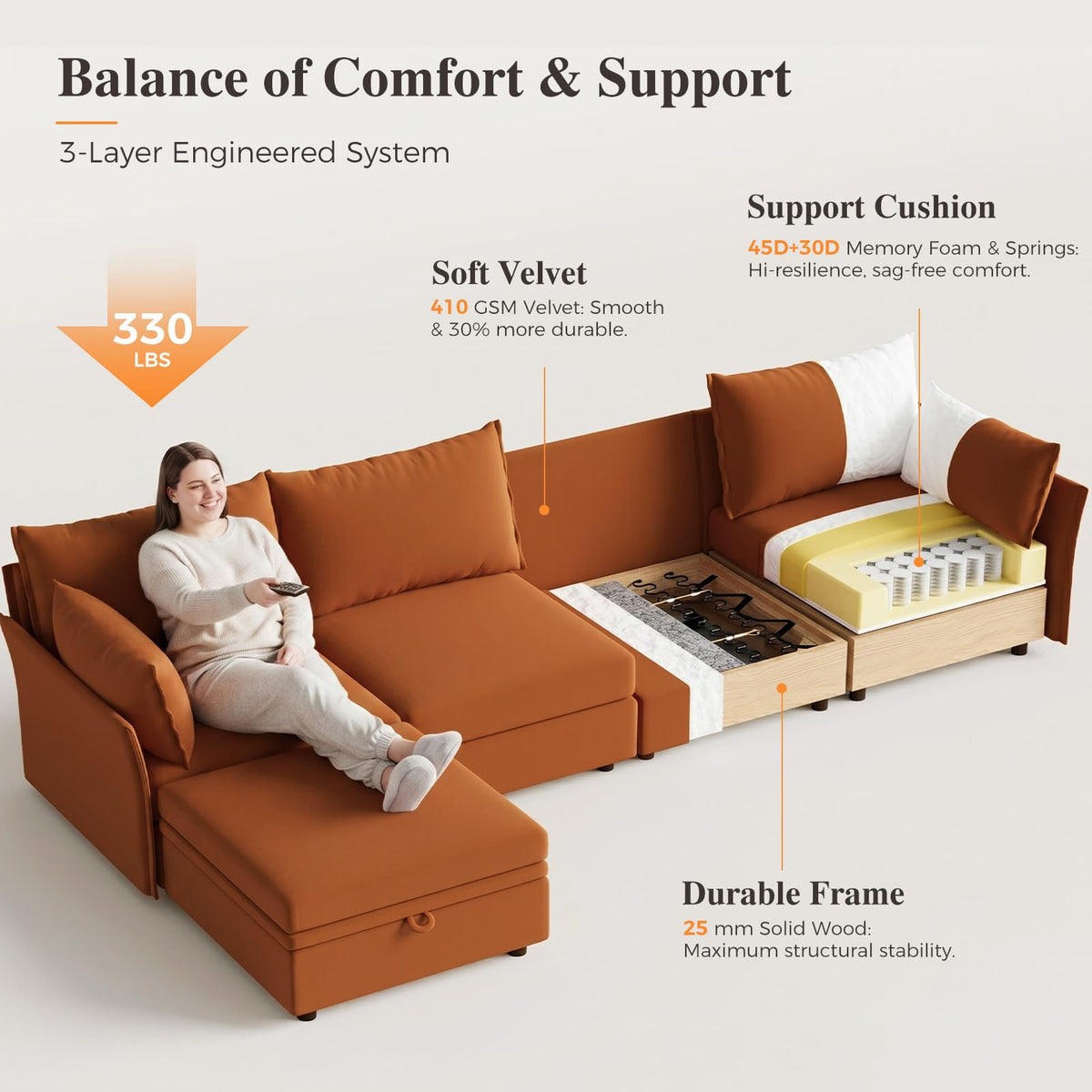 102.6" L Shaped 4 Seater Velvet Sectional Sofa with Storage Ottoman R6658