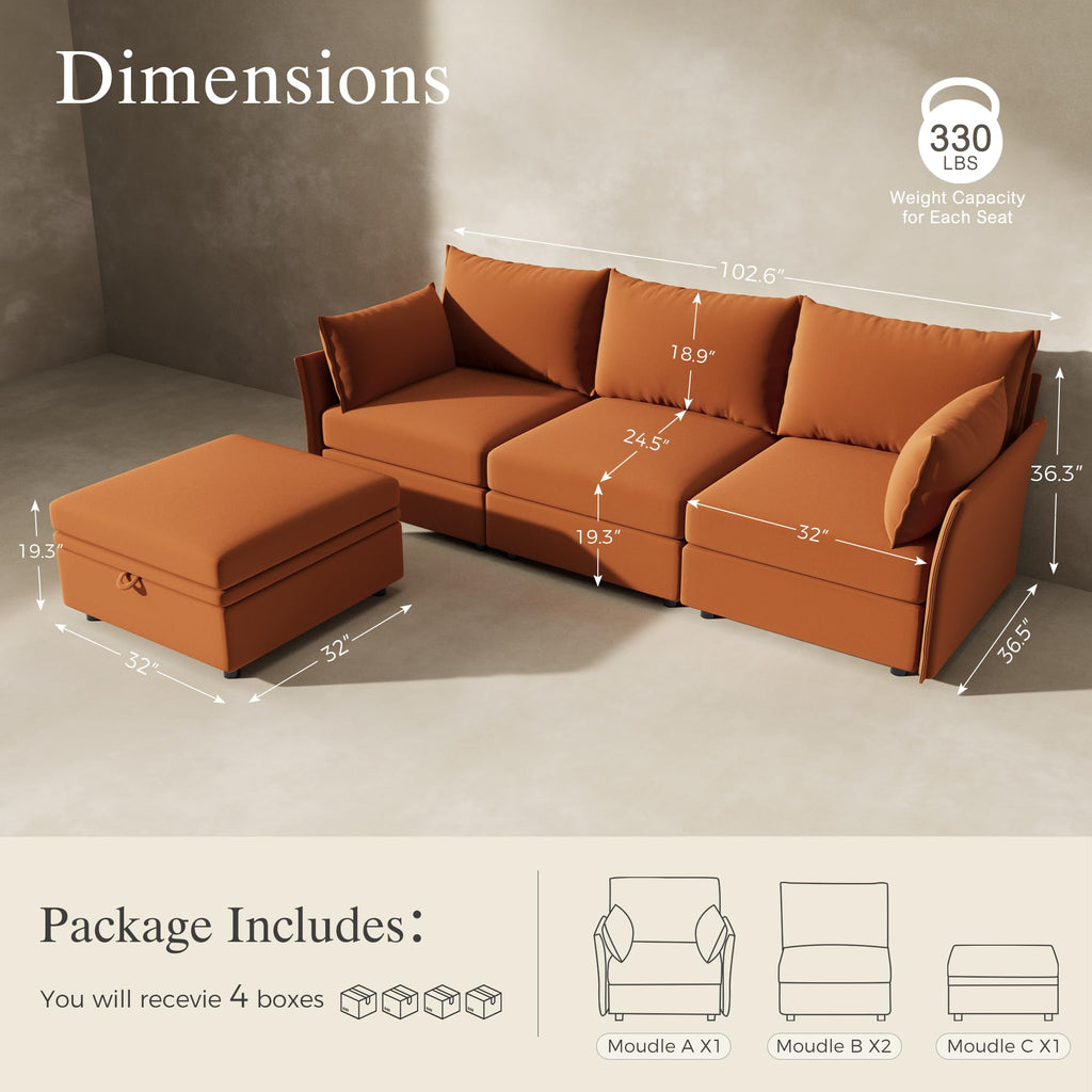 102.6" L Shaped 4 Seater Velvet Sectional Sofa with Storage Ottoman R6658