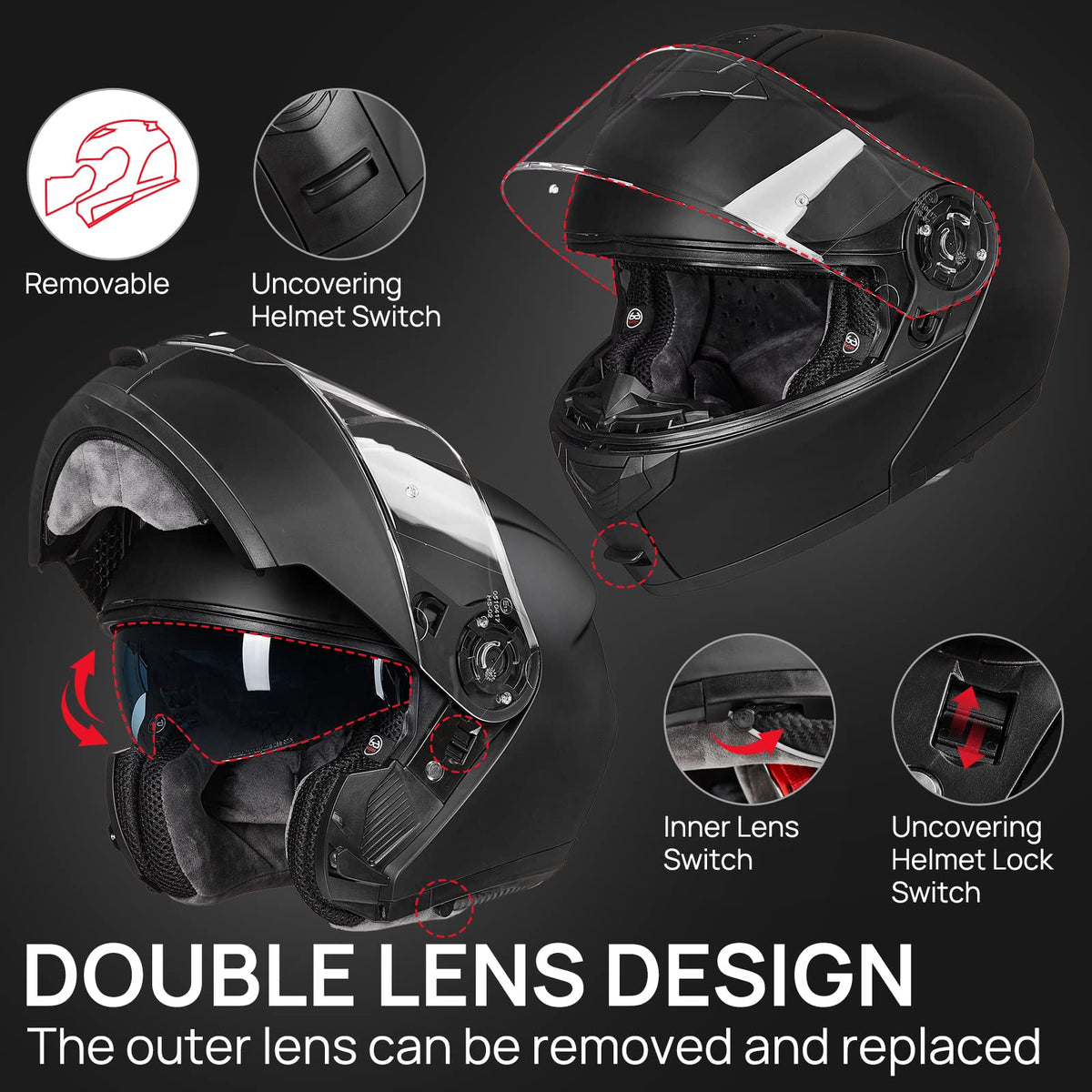 Matte Black Large Modular Full Face Motorcycle Helmet U263146