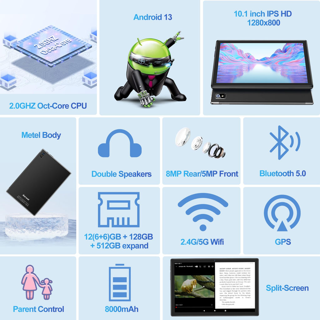 Black 12GB RAM 128GB ROM 10 Inch Android Tablet with Keyboard V502