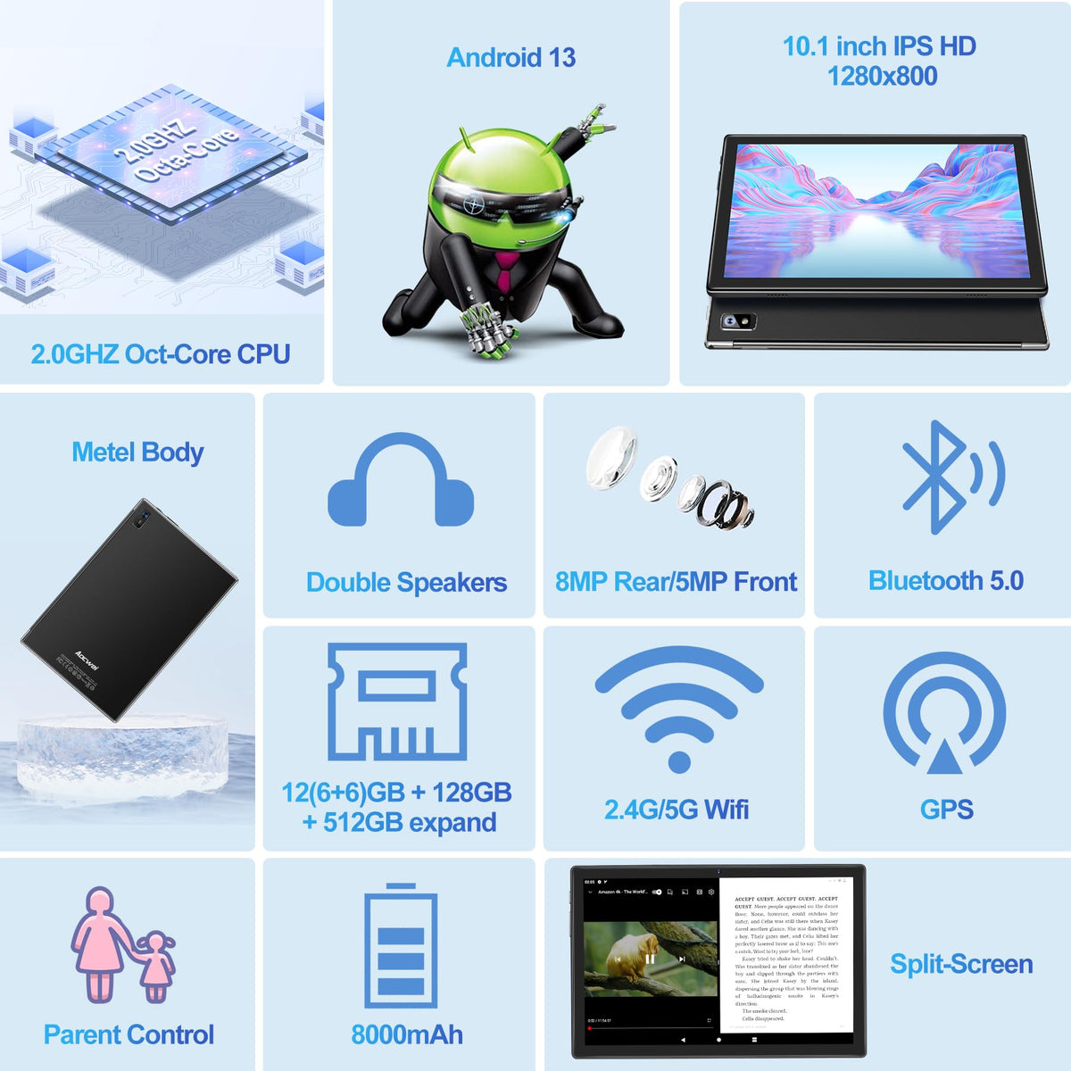 Black 12GB RAM 128GB ROM 10 Inch Android Tablet with Keyboard V502