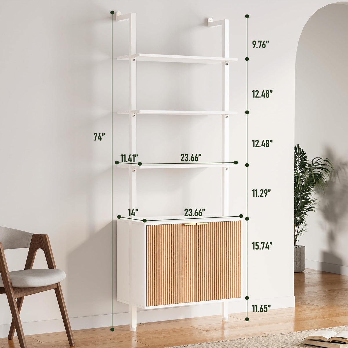 74" Tall White and Oak Bookshelf with Storage Cabinet Q658