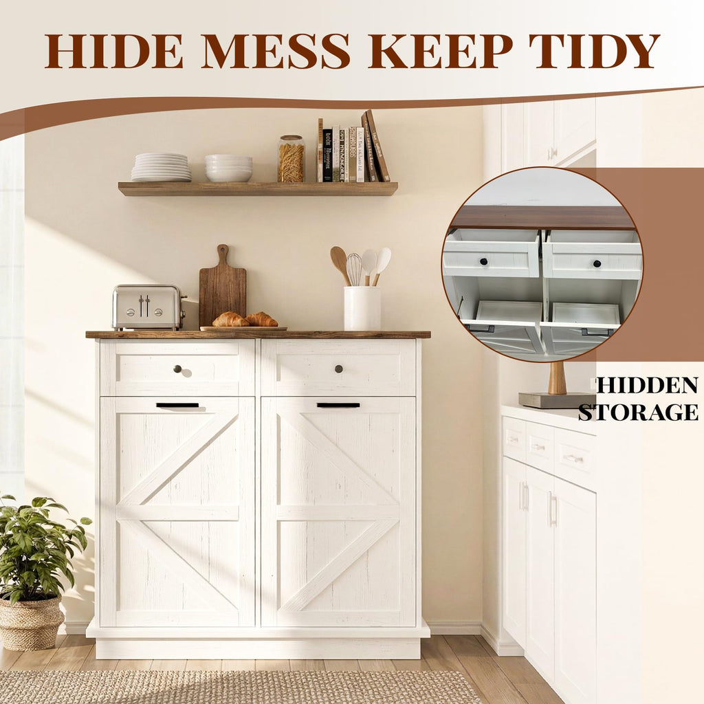 Brown White Double Tilt Out Trash Cabinet with Drawers K738322