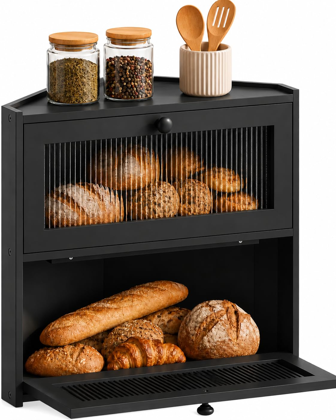 Double Layer Bamboo Bread Box with Wavy Windows Z19013