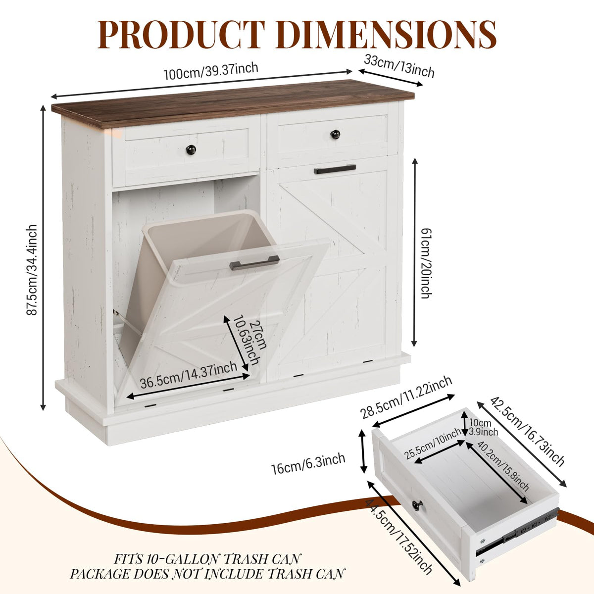 Brown White Double Tilt Out Trash Cabinet with Drawers K738322