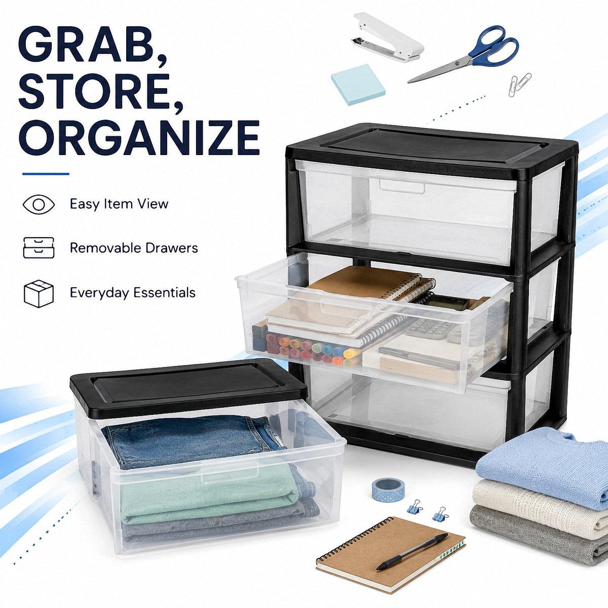 Black 3 Drawer Plastic Storage Tower X48102