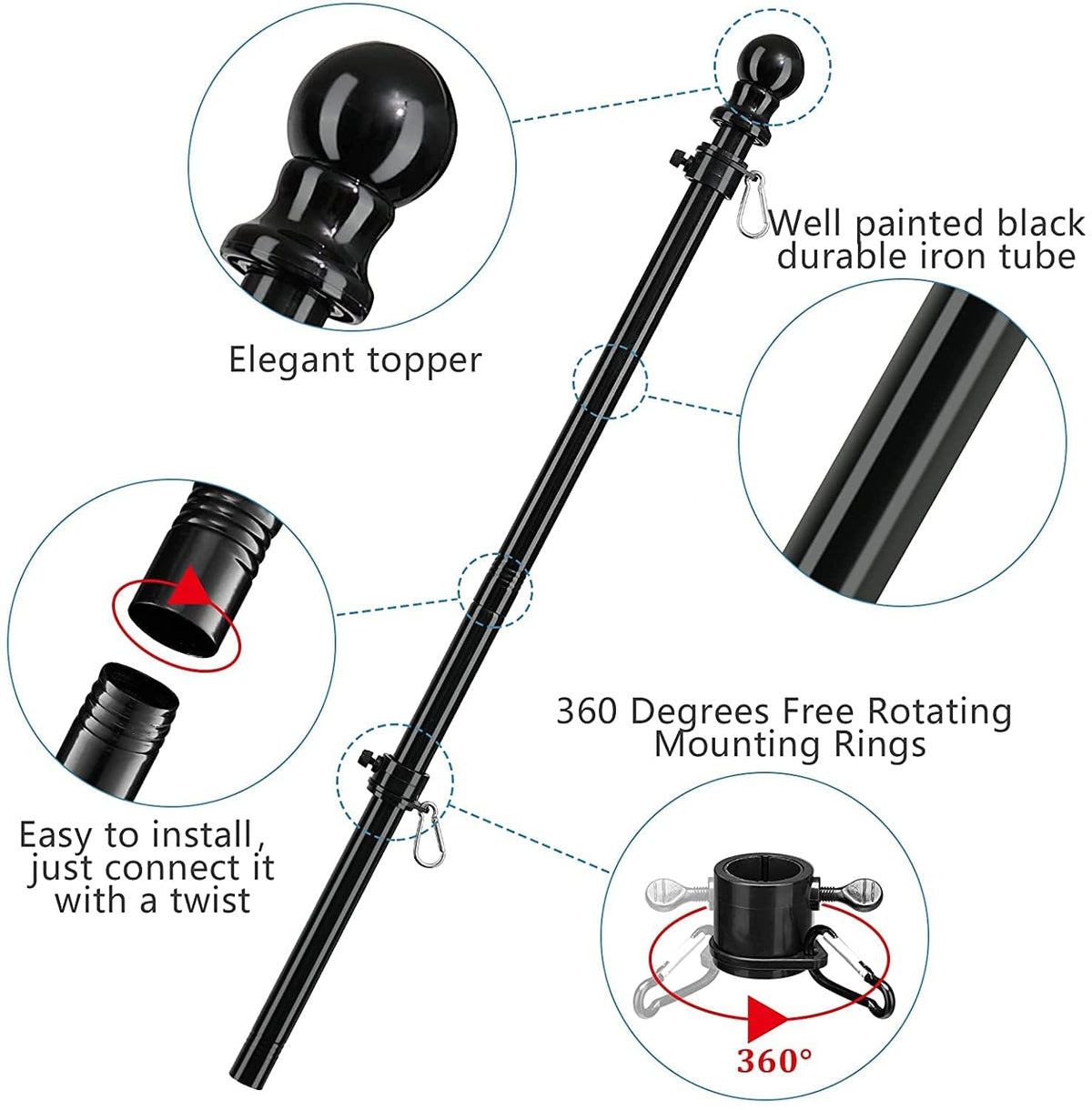 5ft Tangle Free Flag Pole Kit with 3x5 US Flag O289