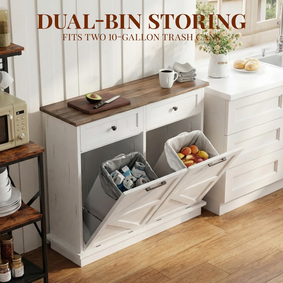 Brown White Double Tilt Out Trash Cabinet with Drawers K738322