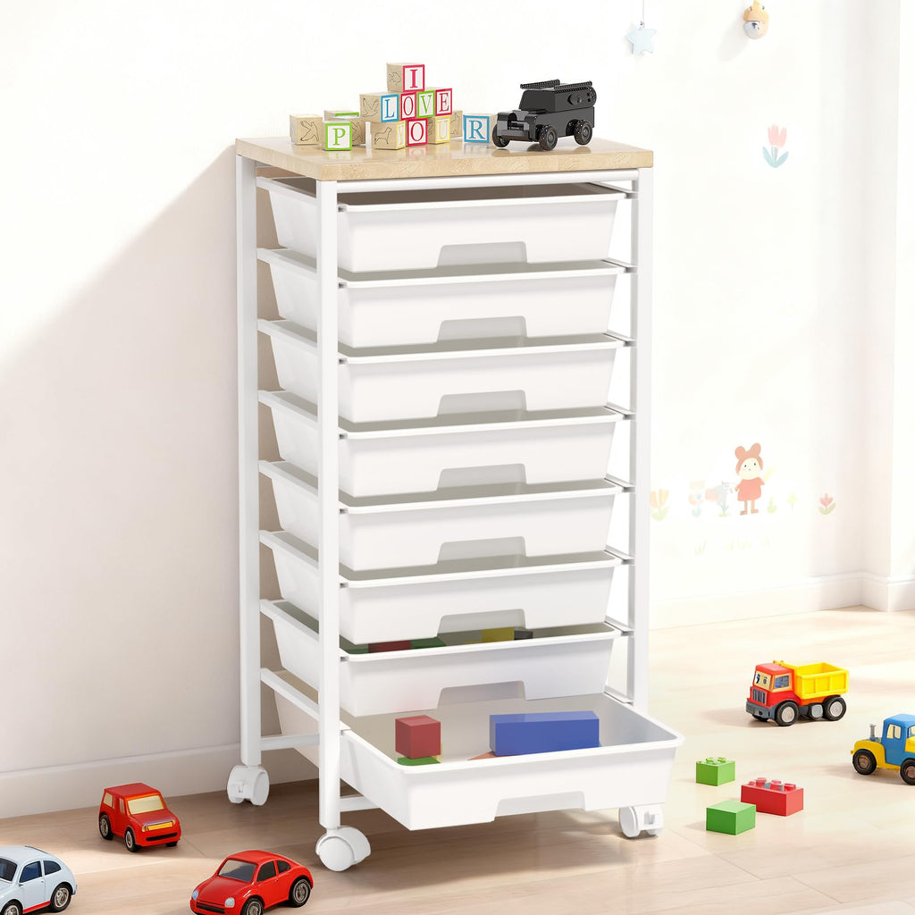 8 Drawer Rolling Storage Cart with Wooden Tabletop W36667