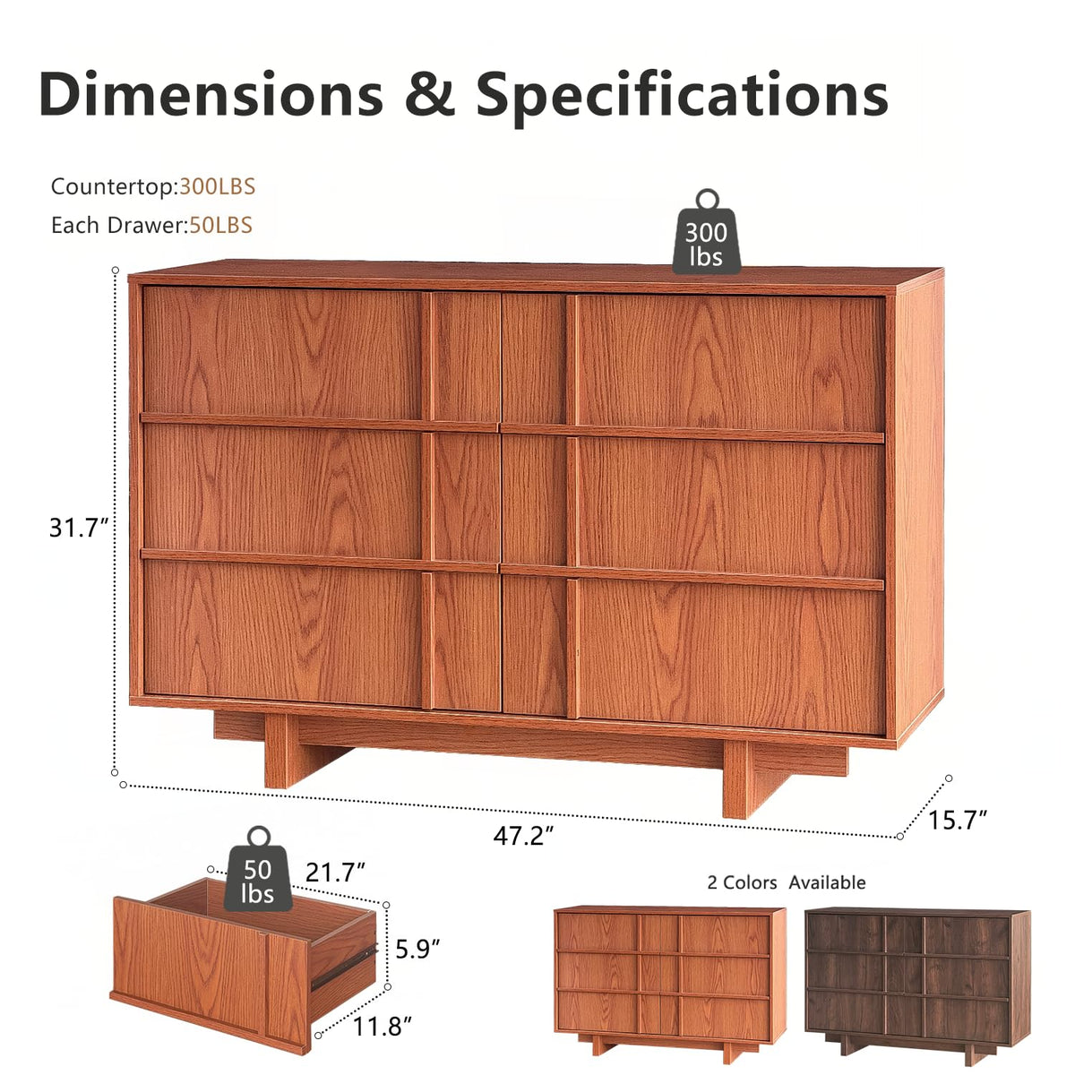 47" Wide 6 Drawer Dresser and Nightstand Set 3 Piece, Cherry F76264