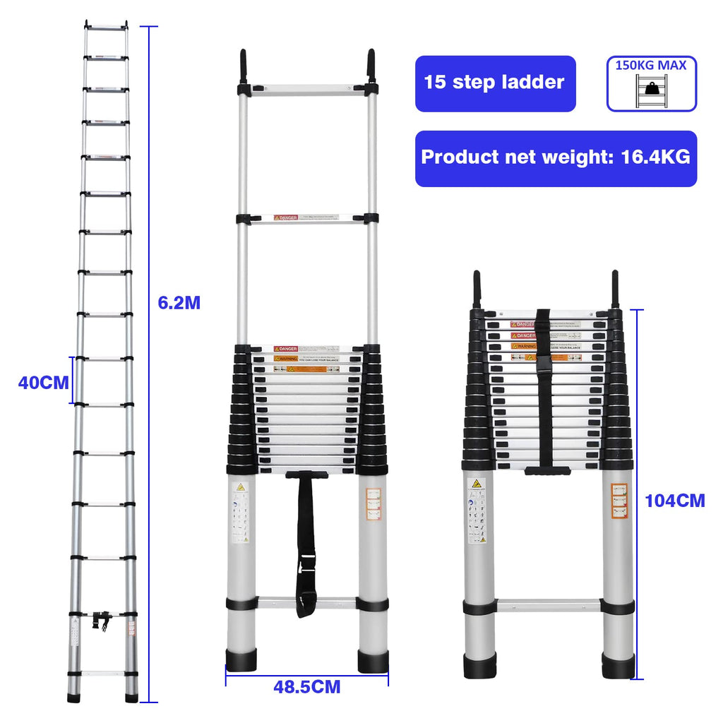 Aluminum Telescoping Ladder with Hooks, 20.3FT One Button Retraction 330lbs Capacity O1802