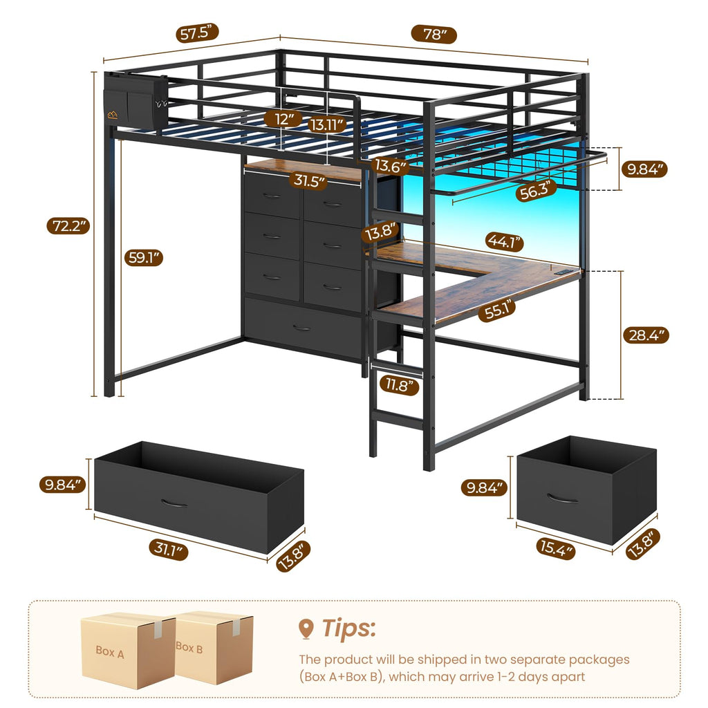 Full Size Loft Bed with L-Shaped Desk, 7 Storage Drawers, LED Lights and Charging Station, Black P9350