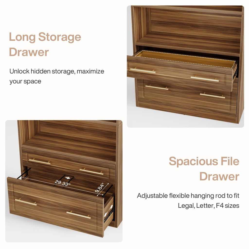 76.8" Tall Arched Bookcase with File Cabinet Drawer, Walnut Brown X940