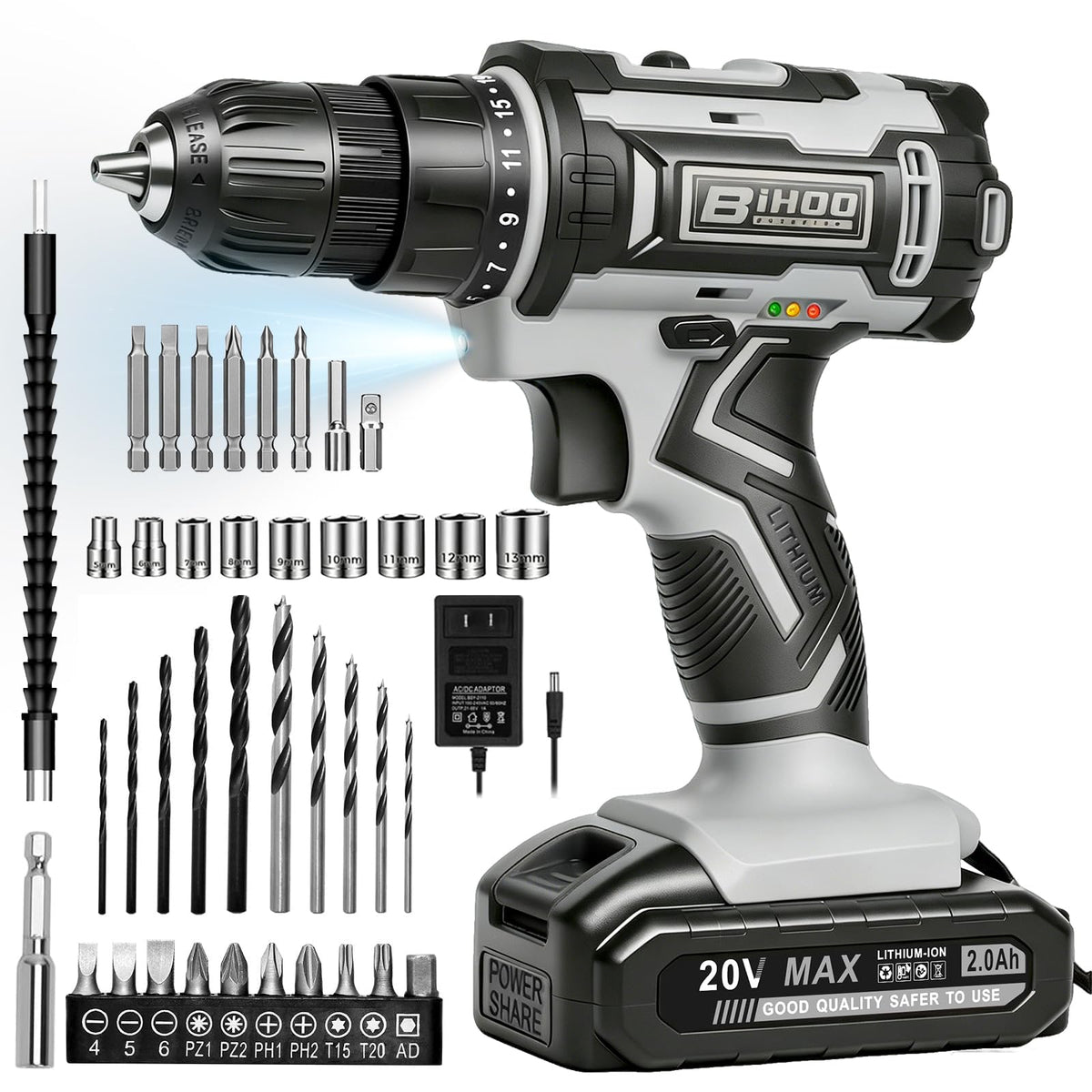 Cordless Drill with 25Nm max, Drill Bits Kit, Gray R734859
