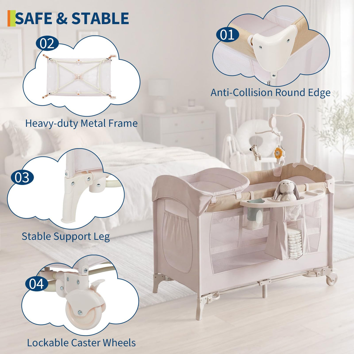 4 in 1 Pack and Play with Bassinet, Changing Table, Playpen and Carry Bag V680088