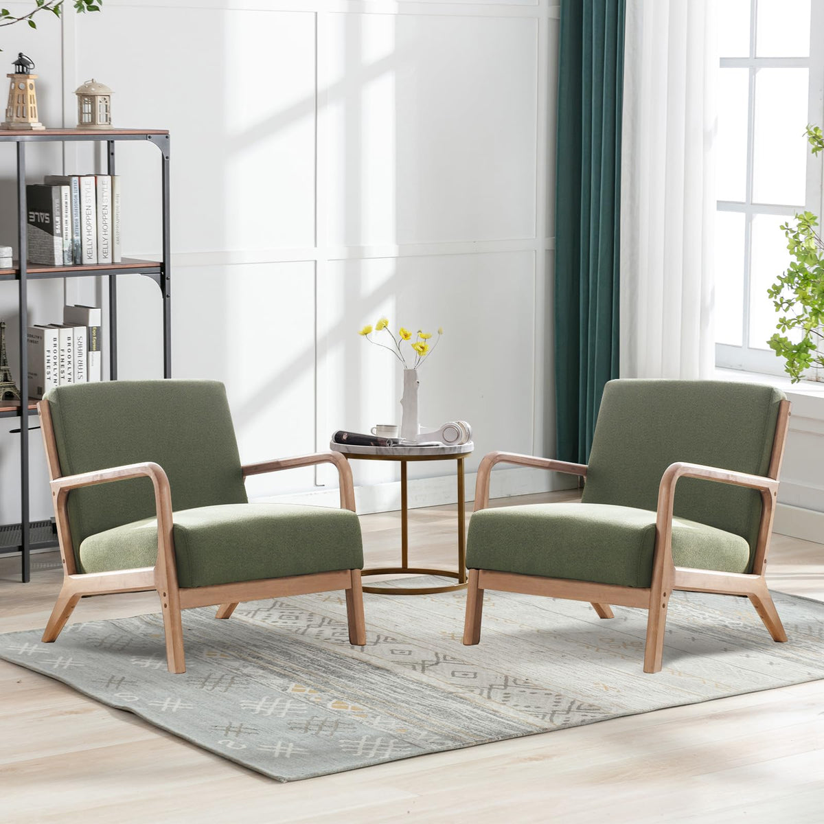 Mid Century Modern Accent Chairs Set of 2 Fabric Wood Armchair Z28572