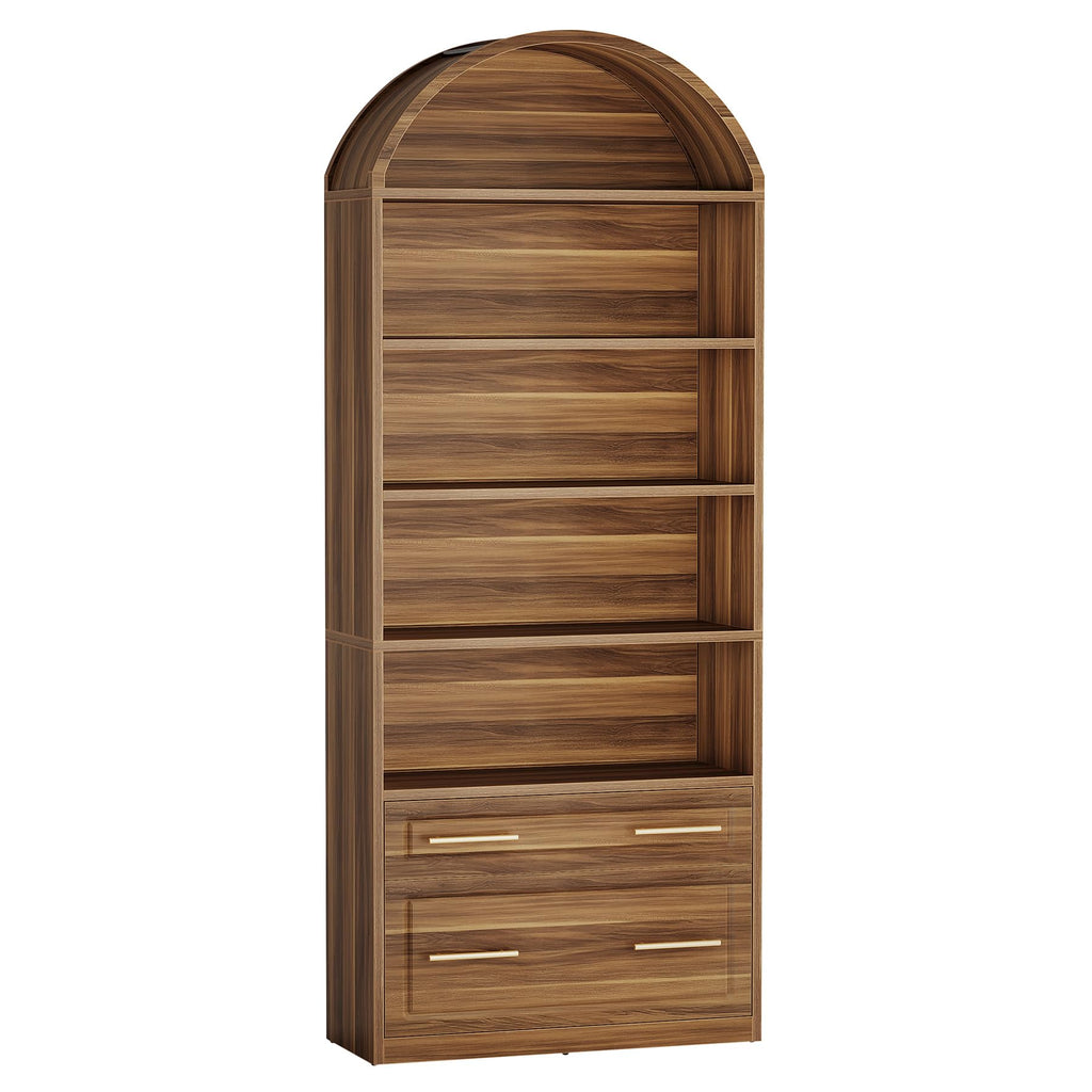 76.8" Tall Arched Bookcase with File Cabinet Drawer, Walnut Brown X940