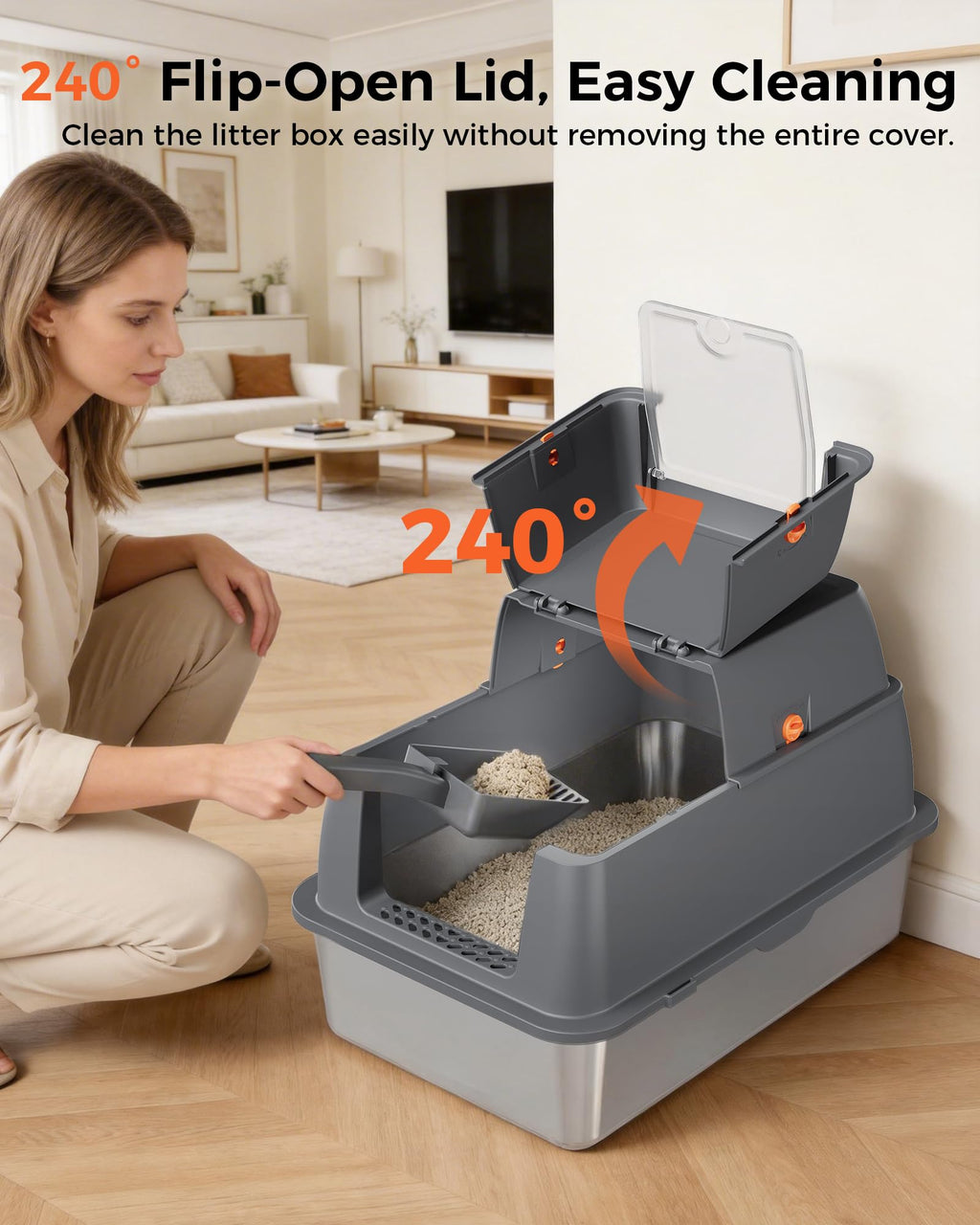 XXL Stainless Steel Enclosed Cat Litter Box with Lid, Mat & Scoop Z628